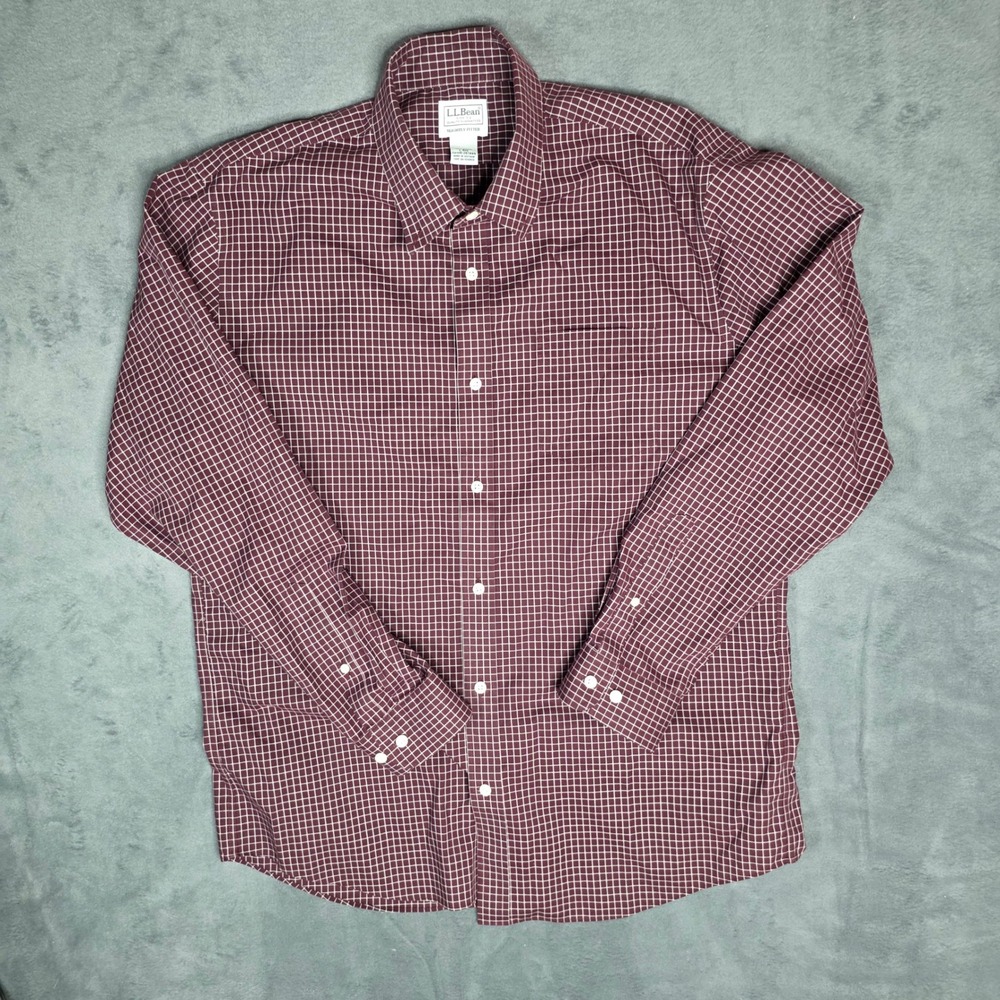 LL Bean Mens Slightly Fitted Button Down Shirt Burgundy Grid Cotton L-REG 287889
